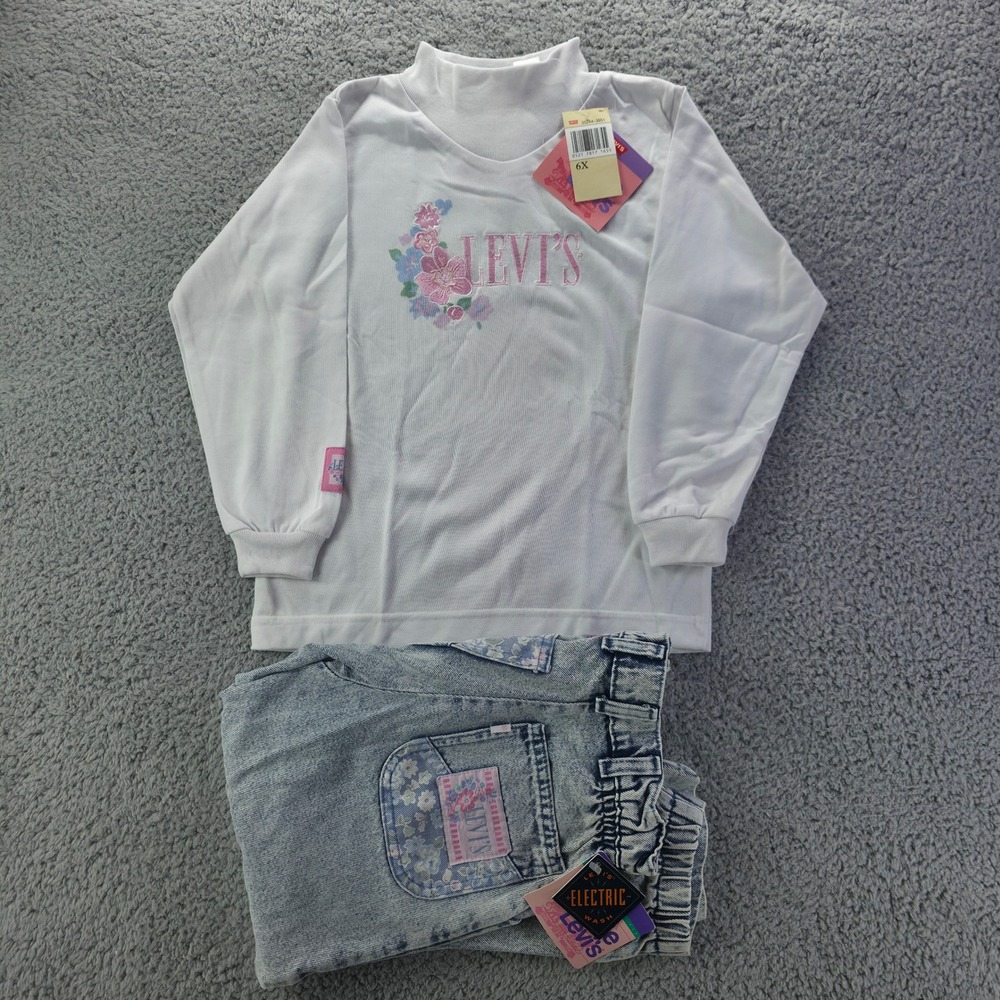 Vintage Little Levis Girls 6 Outfit Set White Mock Neck Top Acid Wash Jeans NWT